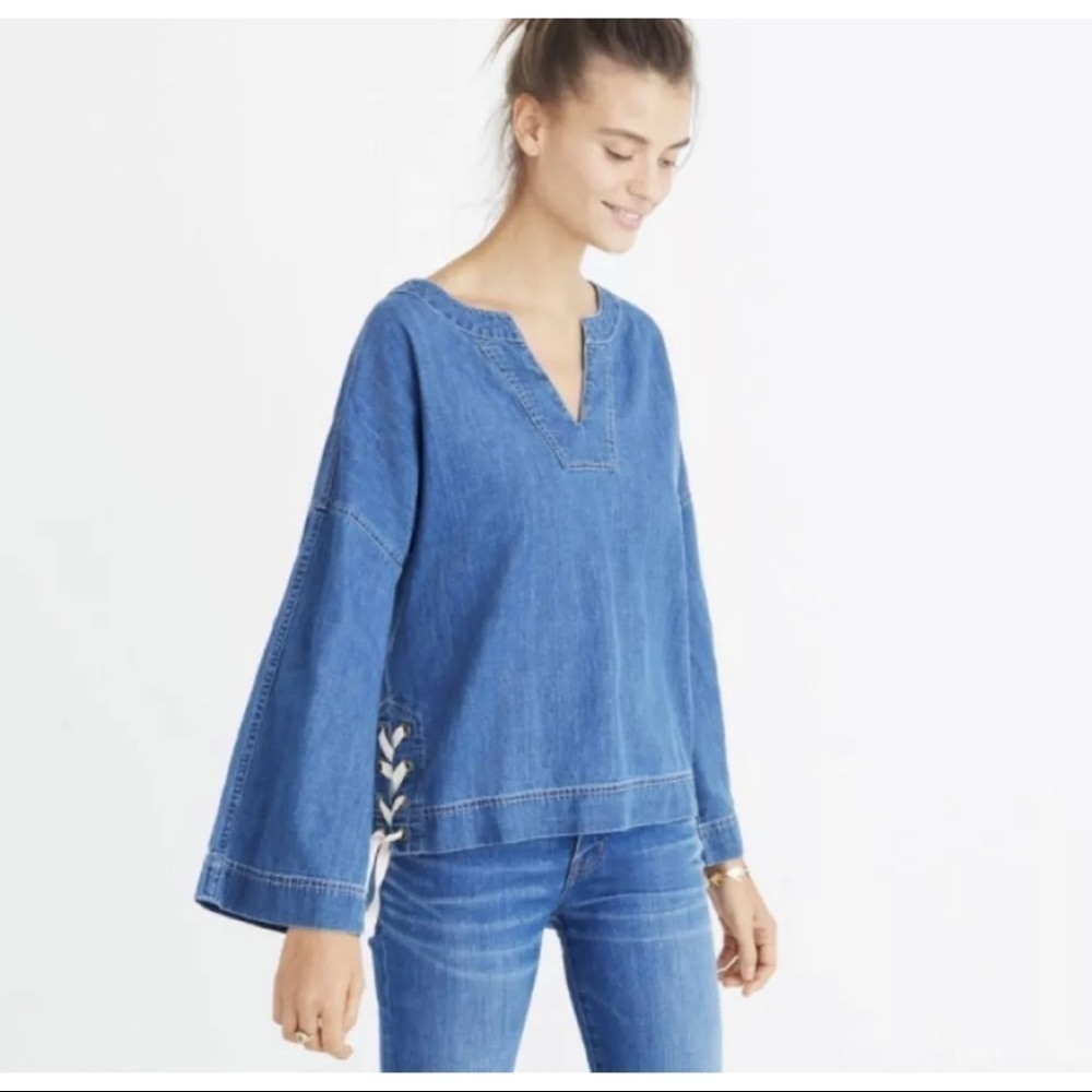 Madewell Womens Sz S Blue Side Lace Up Chambray Denim Top Bell Sleeve Nautical